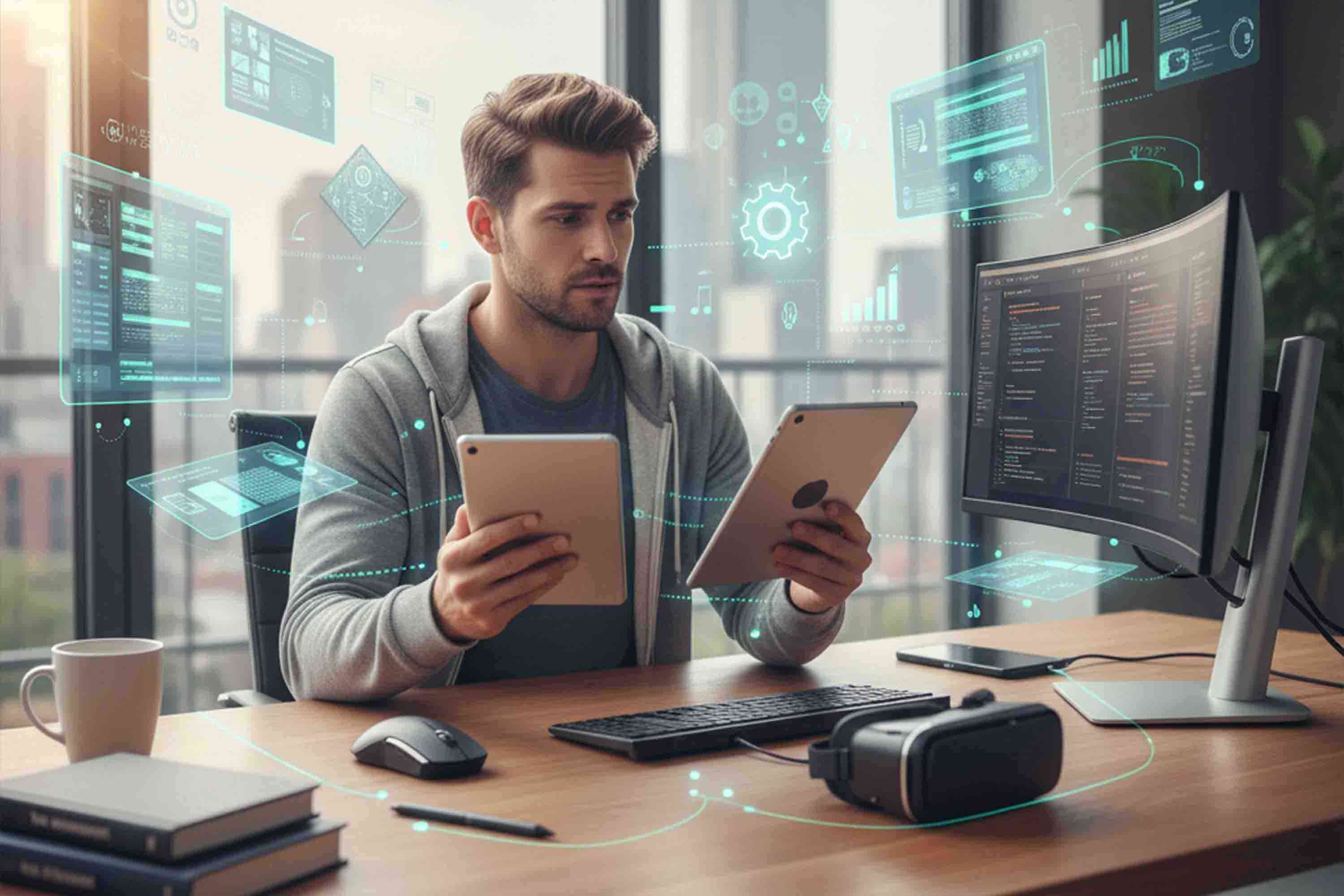 A freelancer sits at a modern desk, holding two tablets and looking at them intently. He is surrounded by futuristic, glowing holographic screens displaying data and digital tools.